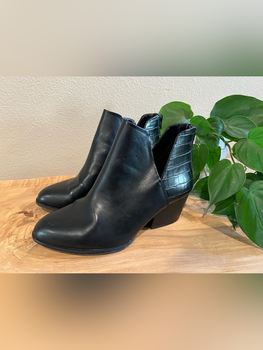 Women's Black Ankle Booties with Croc-Embossed Heel